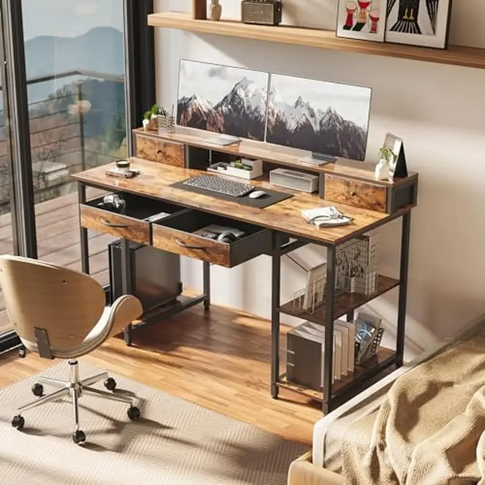 55" Computer Desk with Monitor Shelf Storage Drawers Home Office Work Study Desk Sturdy Steel Frame Wood Top Multi-Functional