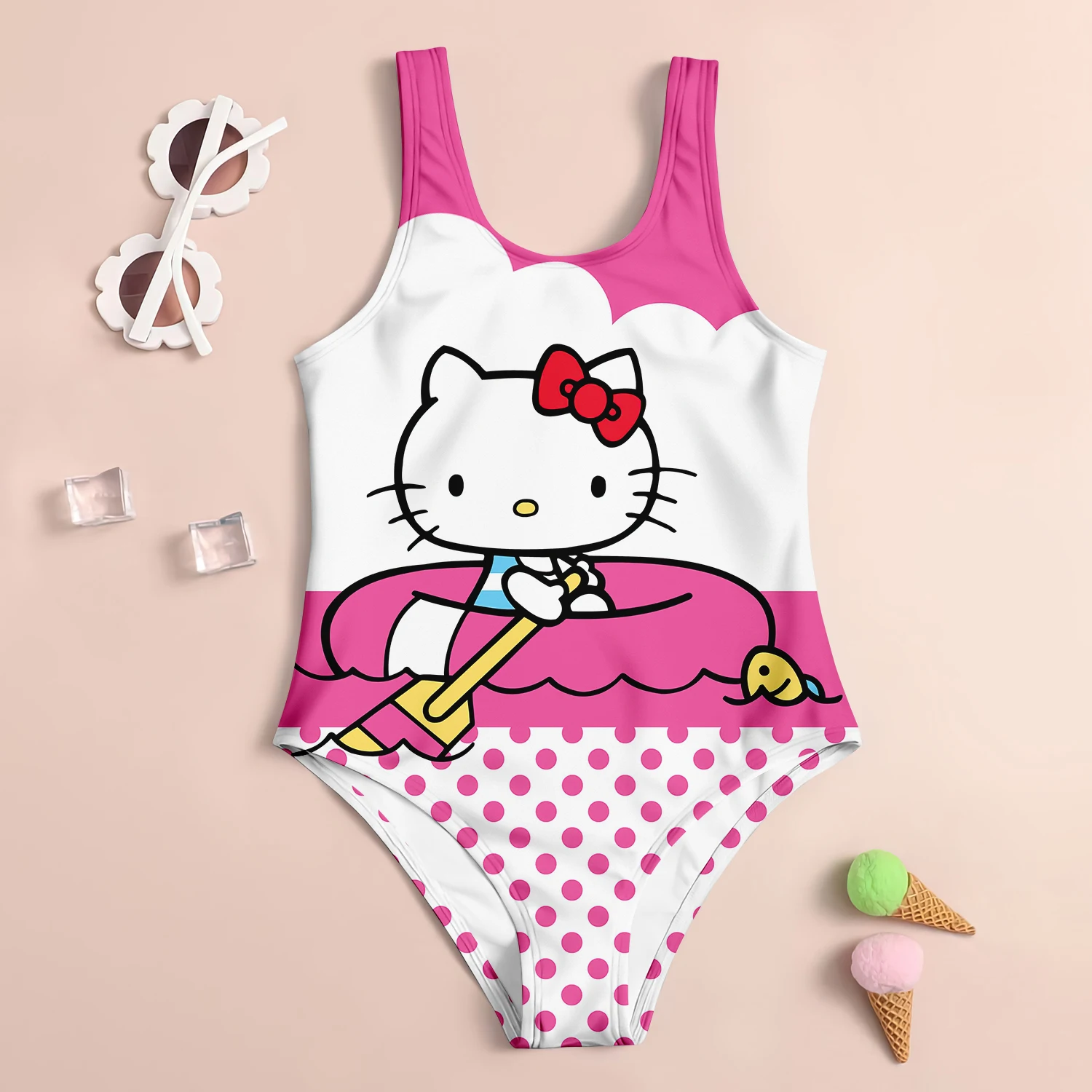 MINISO Summer Girls Swimsuit Children's Swimsuit 3D Printed Hello Kitty Cartoon Fashion Beach Skirt Holiday Children's Clothing