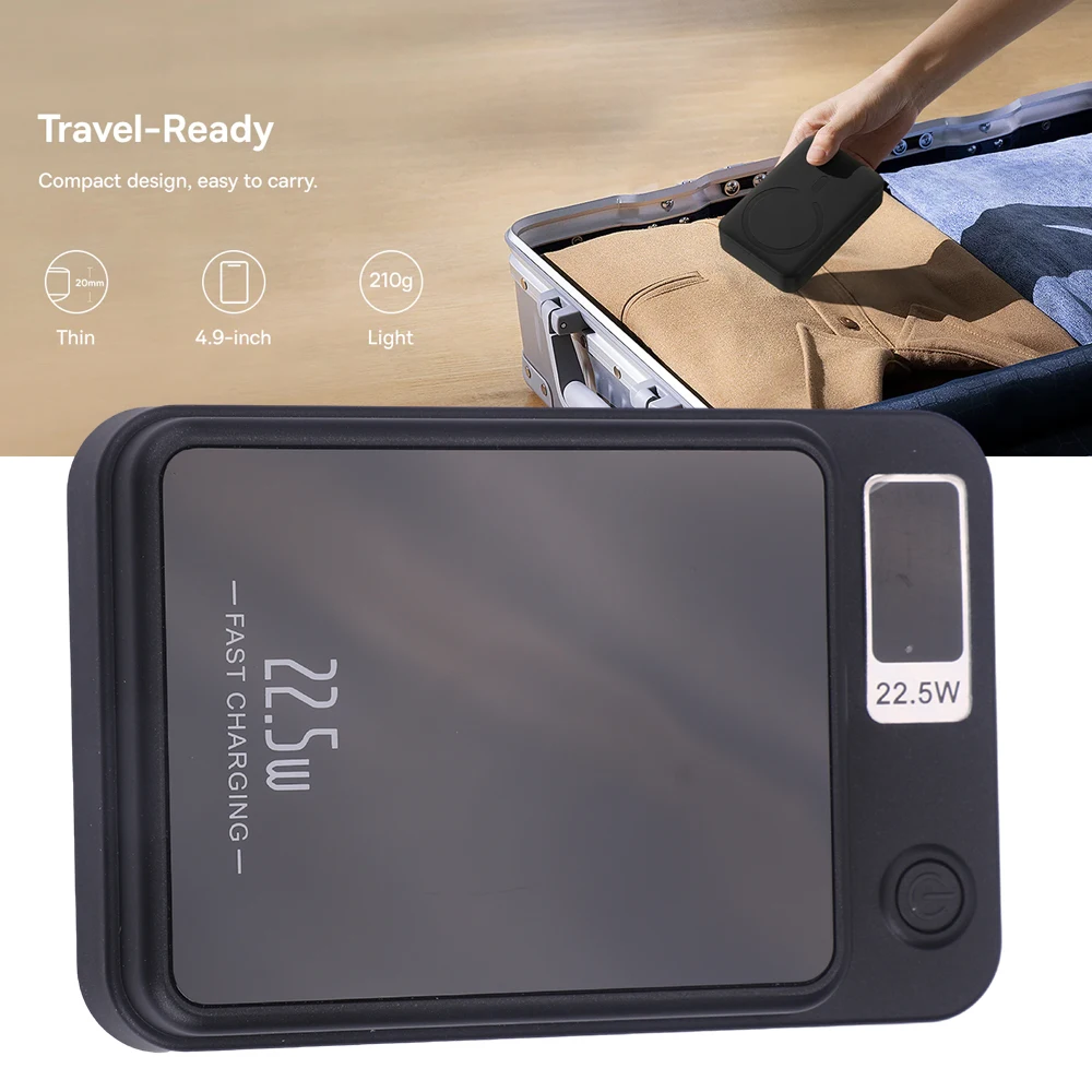 Magnetyczny power bank o pojemności 10000 mAh z kablem ładującym USB-C, przenośny, bezprzewodowy, z klipsem na tył, do smartfonów w podróży na zewnątrz.