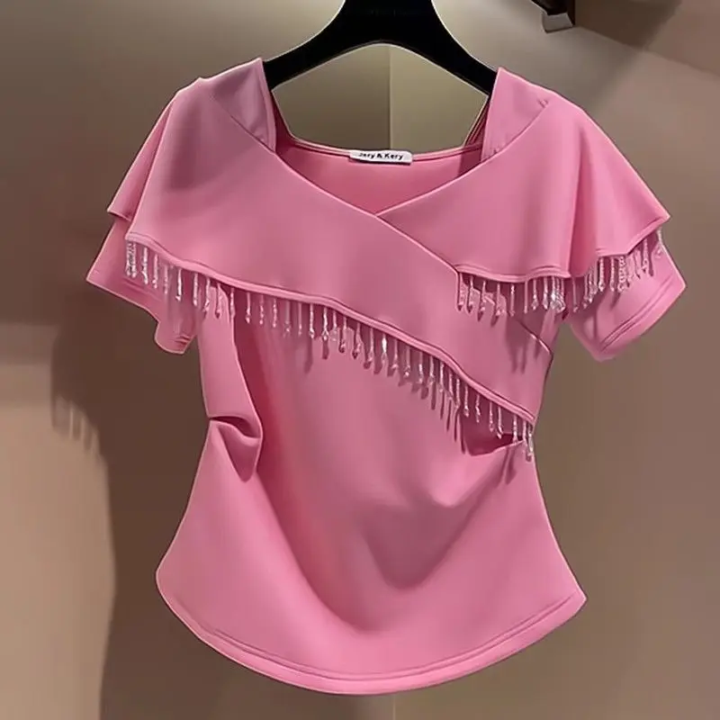 

French pink pleated waist slimming short-sleeved T-shirt female summer 2024 new high-end unique chic light luxury niche top.