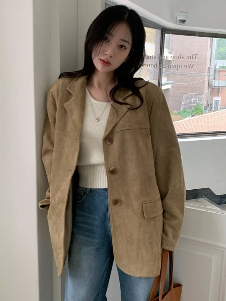 Casaco Casual Versátil de Manga Longa em Suede Sintético Estilo Retro Chic para Mulheres Outono Inverno Ajuste Solto Estilo E...