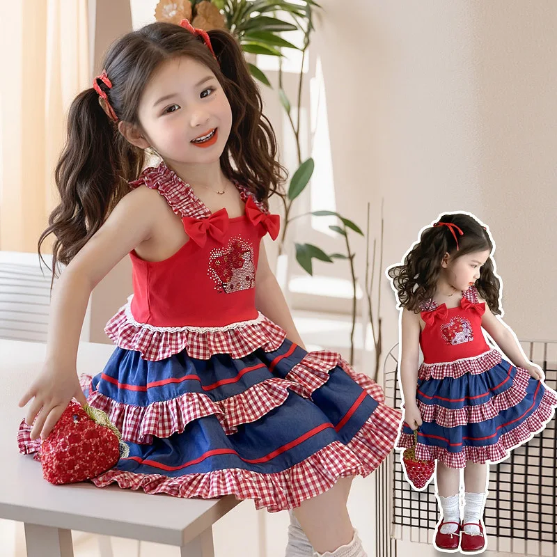 

2Pcs Sanriou Short Sleeve Hello Kitty Short Skirt Girl Clothing Cake Skirt Pleated Skirt Child Vest Sling Cartoon Festival Gift