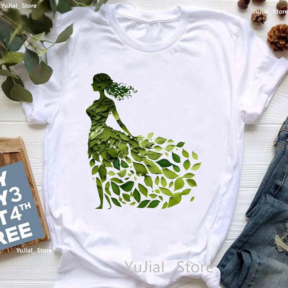 Art Aesthetic Green Leaves Girl Print T Shirt Girls Summer Fashion Tops Tee Shirt Femme White Pink Short Sleeve T-Shirt