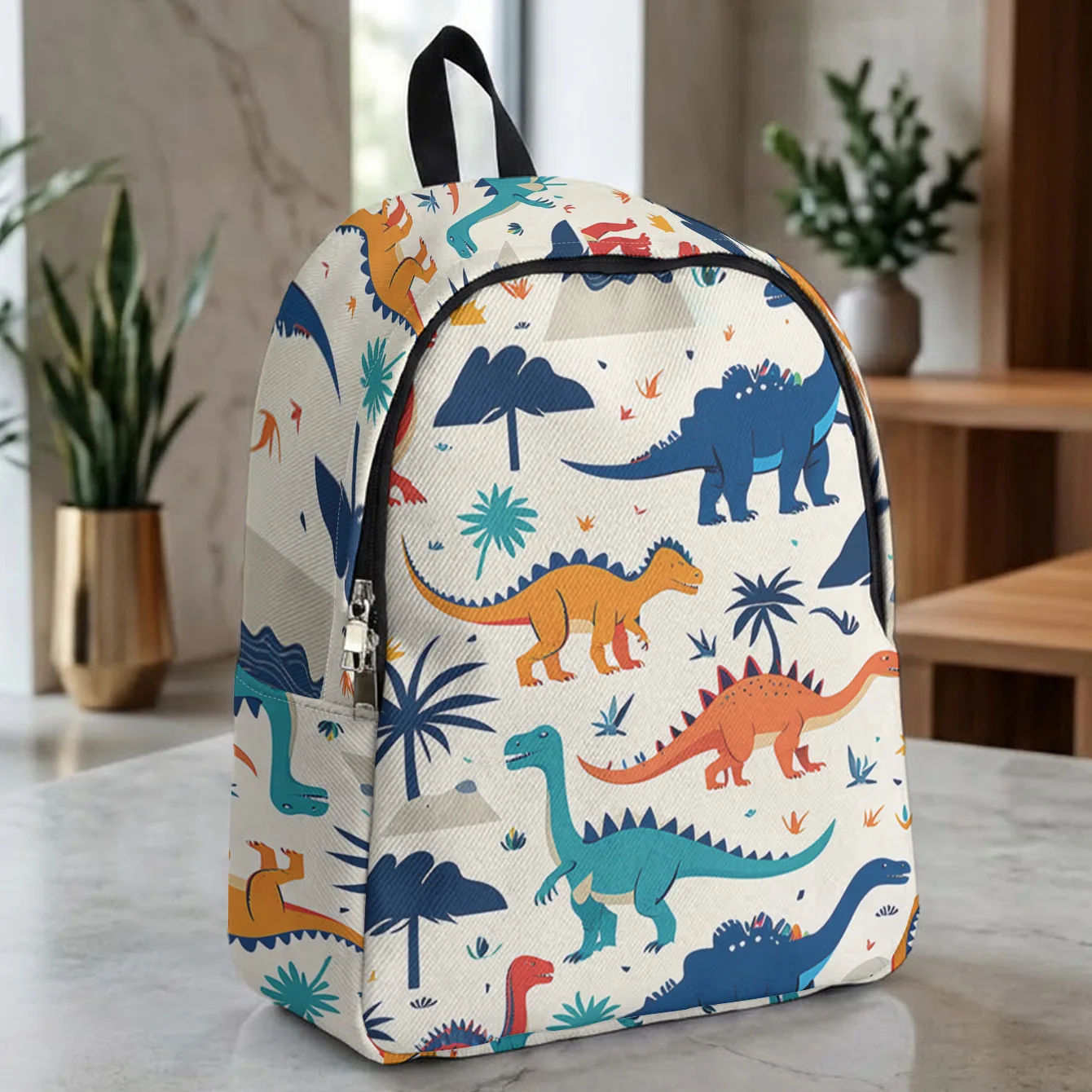 Multicolor Dinosaur and Tropical Plant Pattern 2D Print Large Capacity Rucksack Load-Reducing Shoulder Straps