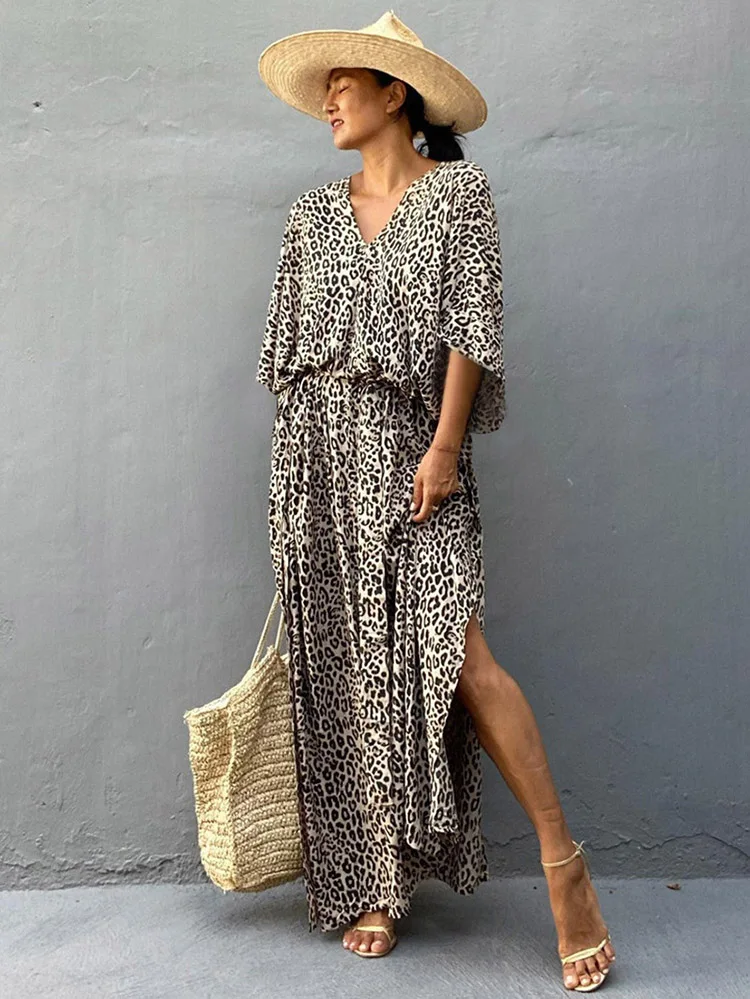 Boho Leopard Print Beach Dress Swimsuit Cover Up 2023 Summer Women Kimono Long Dresses Beachwear Cover-ups Kaftan Bath Clothing