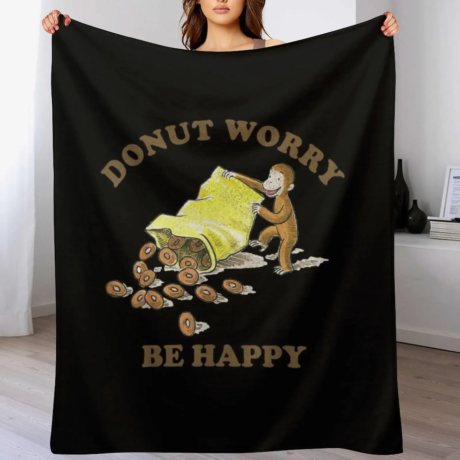 

Curious George Donut Worry Be Happy Bag Of Donuts Throw Blanket Soft Solid Color Blanket for Couch Bed