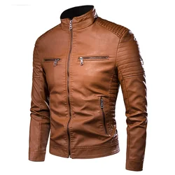 Jaqueta de couro PU vintage para homens, roupa de motociclista com zíper, design casual, primavera, nova marca