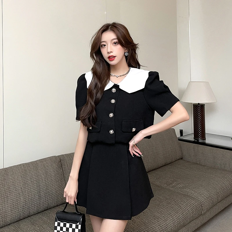 

New Real Shot: Tweed-style Set with Peter Pan Collar Short Jacket + High-waisted Skirt Two-piece Outfit Women Female Office Lady