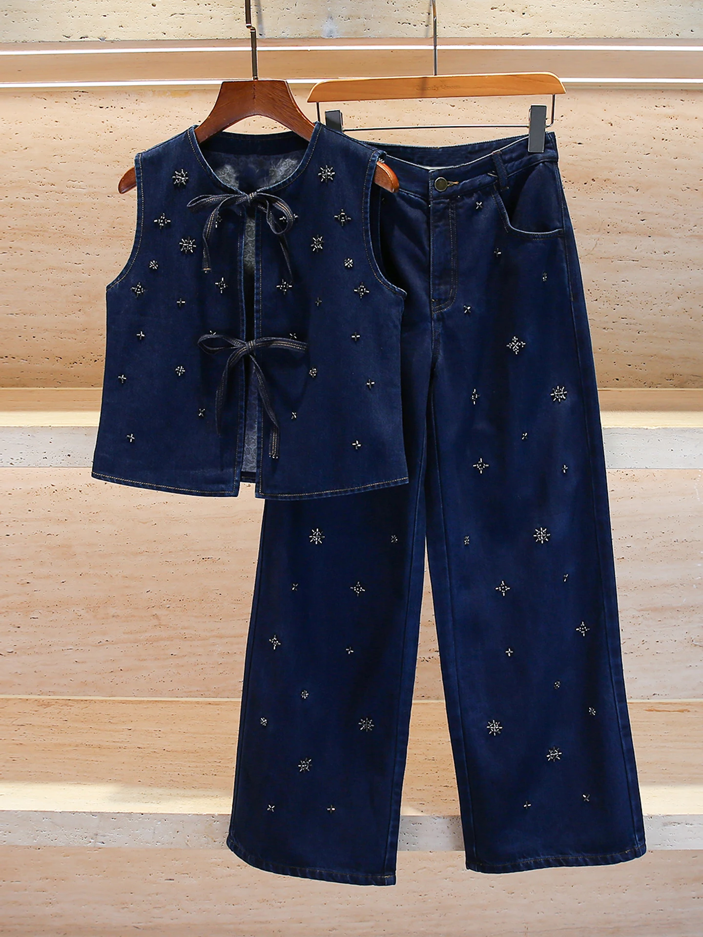 Conjunto Faion de alta gama para mujer, chaleco vaquero con cuentas, pantalones de pierna ancha, cintura alta, fibra de poliéster, redondo, Ne ort Sle