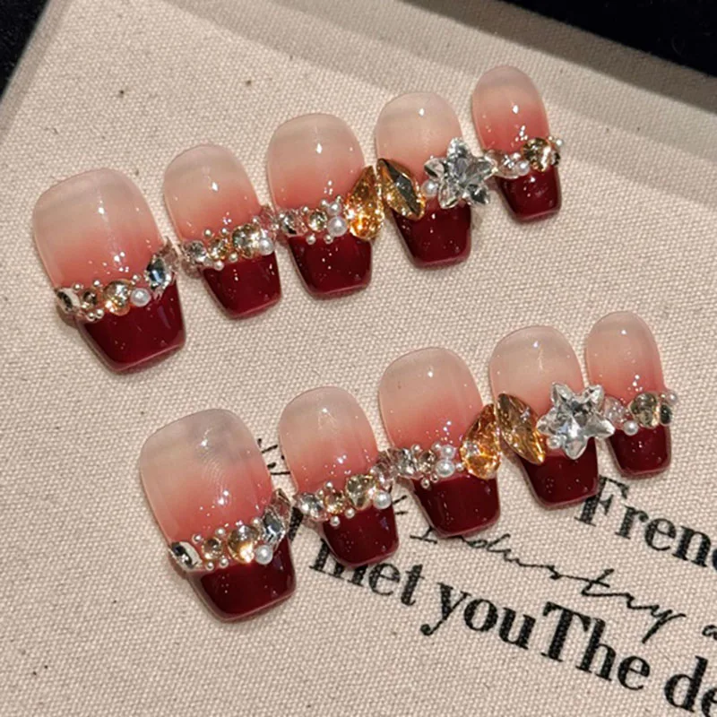 

Happy Bridal | Luxury Red French Short Coffin Press On Nails Glittering Fake Nails 10pcs Handmade Rhinestone Wearable Nail Tips