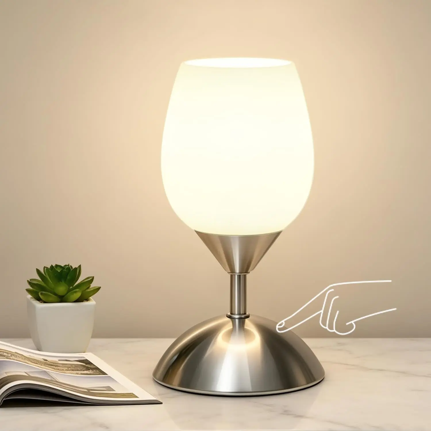 

3-Way Dimmable Touch Lamp, Opal Glass Desk Lamp for Bedroom Nightstand, Small Table Lamp with E12 Bulb Included
