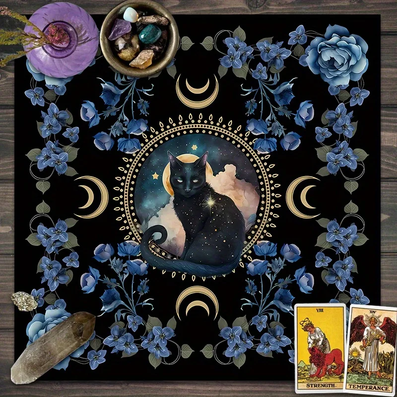 Mystical Cat Altar Cloth, , Tarot Spread Cloth, Tarot Reading Cloth, Botanical Tarot Mat, Witch Altar Cottage Decor, Home Decor