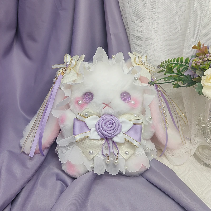 Cute Long-eared Bunny Plush Bag Lolita Lace Bowknot Shoulder Bag Kawaii Princess Pearl Chain Crossbody Bags Rabbit Style Purse