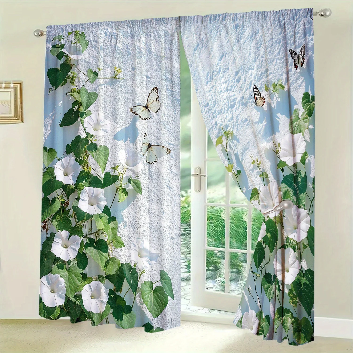 Cottagecore Floral Butterfly Curtain Panels White Blue Print Spring Garden Window Treatment Lightweight Drapes for Living Room B