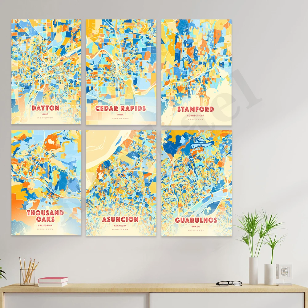Póster de mapa en color de la ciudad de Guarulhos Asuncion Stamford Dayton Springfield Fullerton Lakewood Lancaster Bellevue Clarksville