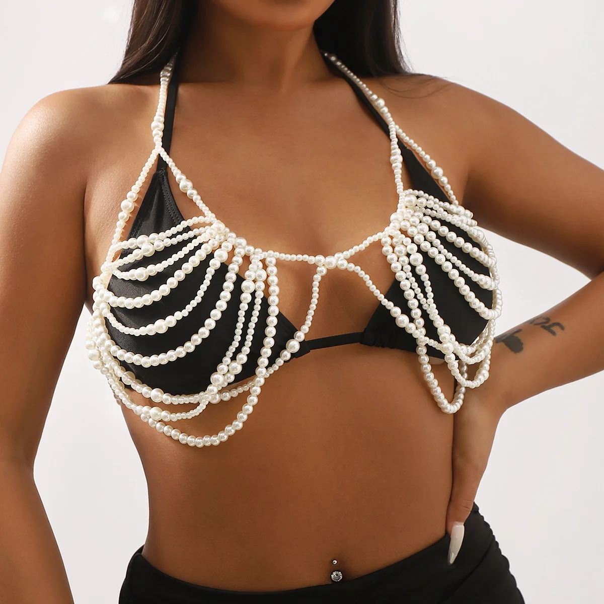 C0644 Retro sexy multi-layer pearl breast chain, personalized bikini hollow neck top body chain women