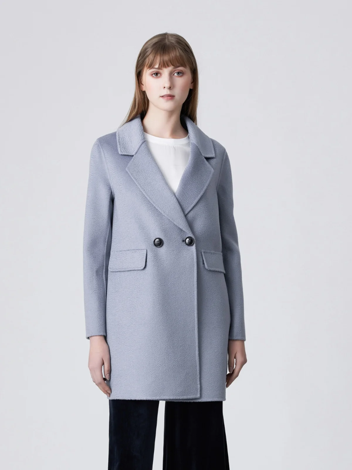 

Lanting Pure Wool Double-Faced Tweed Coat Mis Blue Medium-Length Turn-Down Collar Women's Faion Autumn Winter Coat