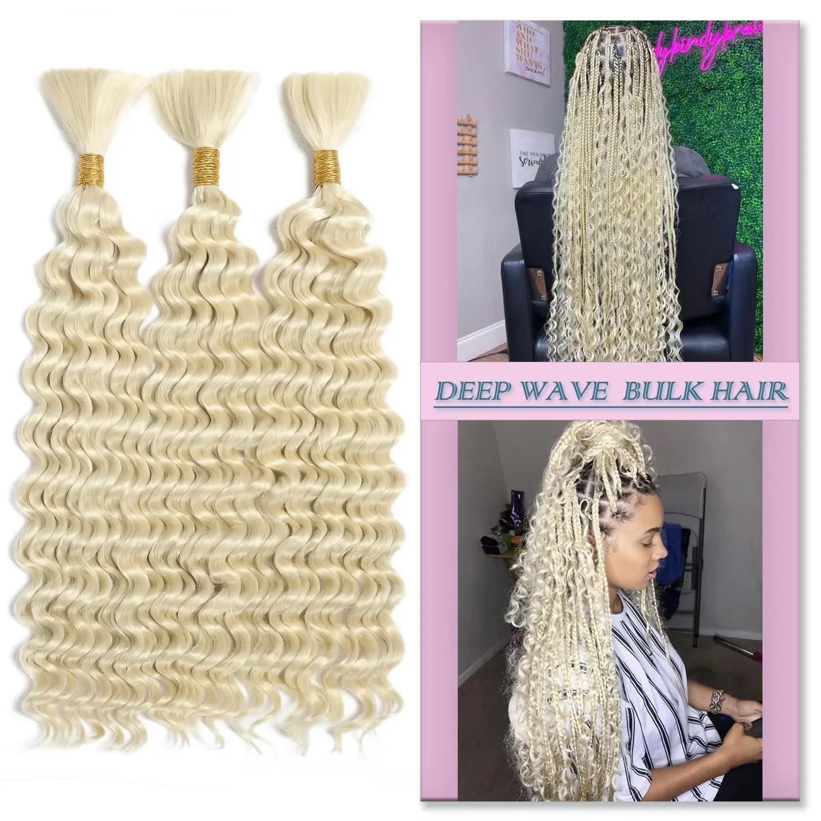 Honey Blonde Human Hair For Braiding 613 Bulk Deep Wave Double Drawn Bulk Human Hair Extensions Bundles No Weft For Boho Braids