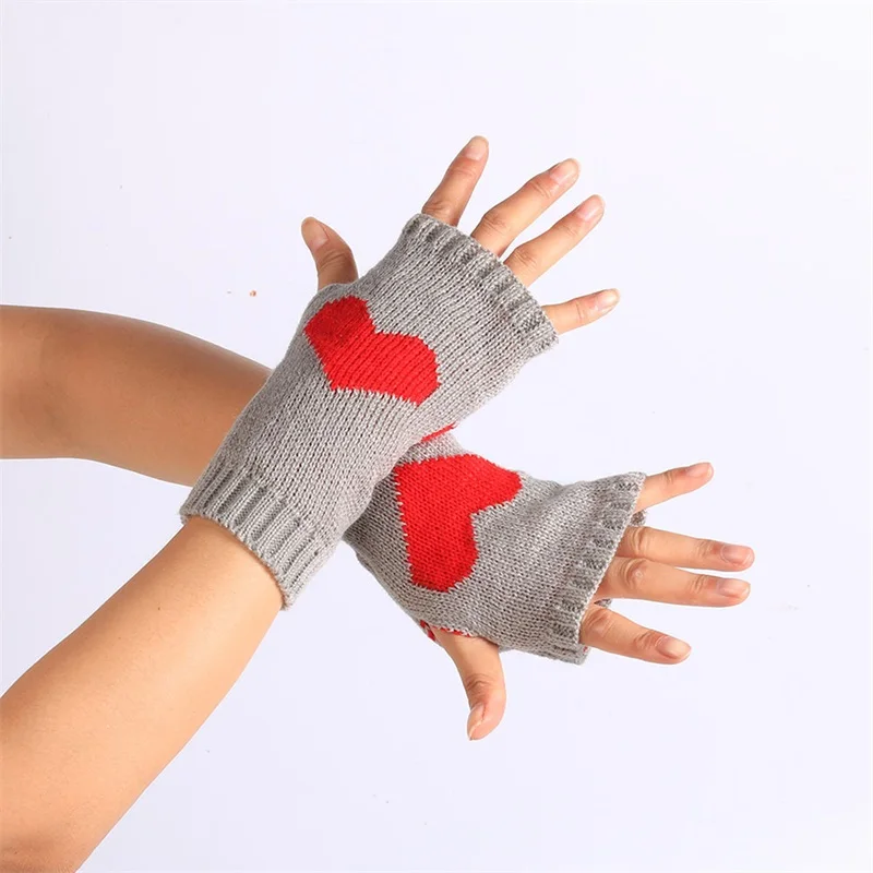 Women Fingerless Gloves Crochet Knitted Gloves Elastic Soft Winter Woolen Warm Gloves Big Heart Warmth Finger Connected Gloves