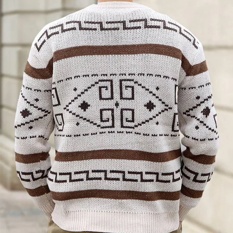 Men's Jacquard Knit Sweater Autumn and Winter Long Sleeve V-neck Pullover Geometric Casual Sweater Men Vintage Sweater