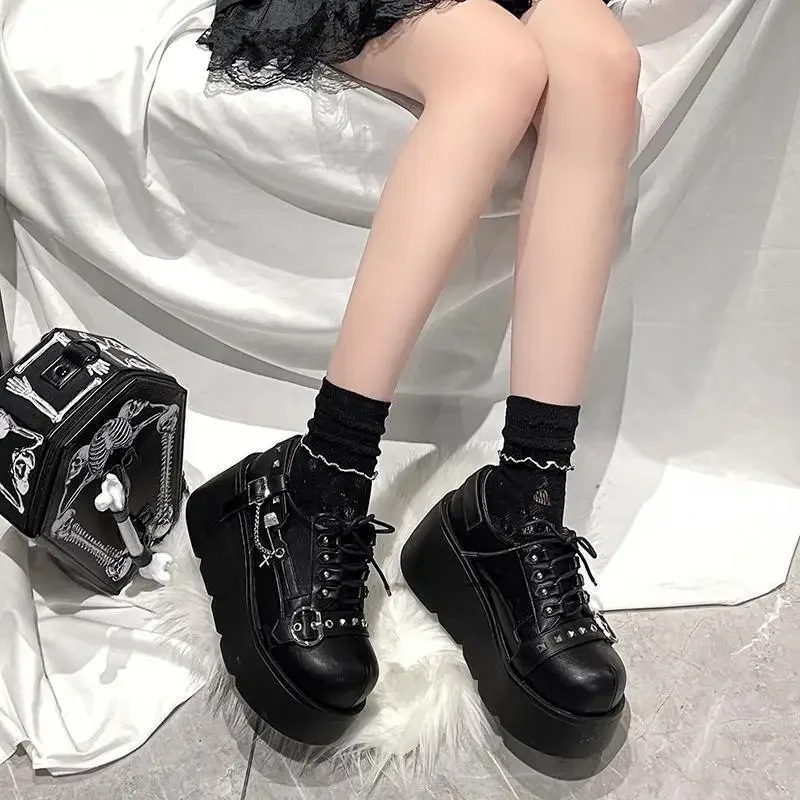 Transfer Student Taboo Girl's Shoes PU Thick Soled  Waterproof Shoes Round Toe Lolita Hot Punk Platform Shoes