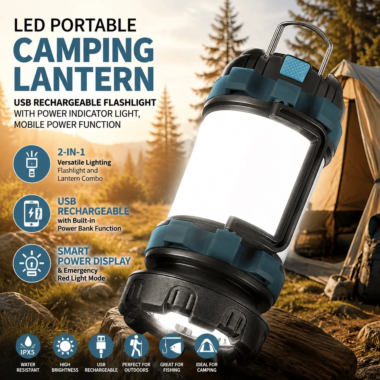 Led Camping Lantern Usb Rechargeable Flashlight Portable Power Bank Light 2-In-1 Outdoor Emergency Torch For Hiking Survival