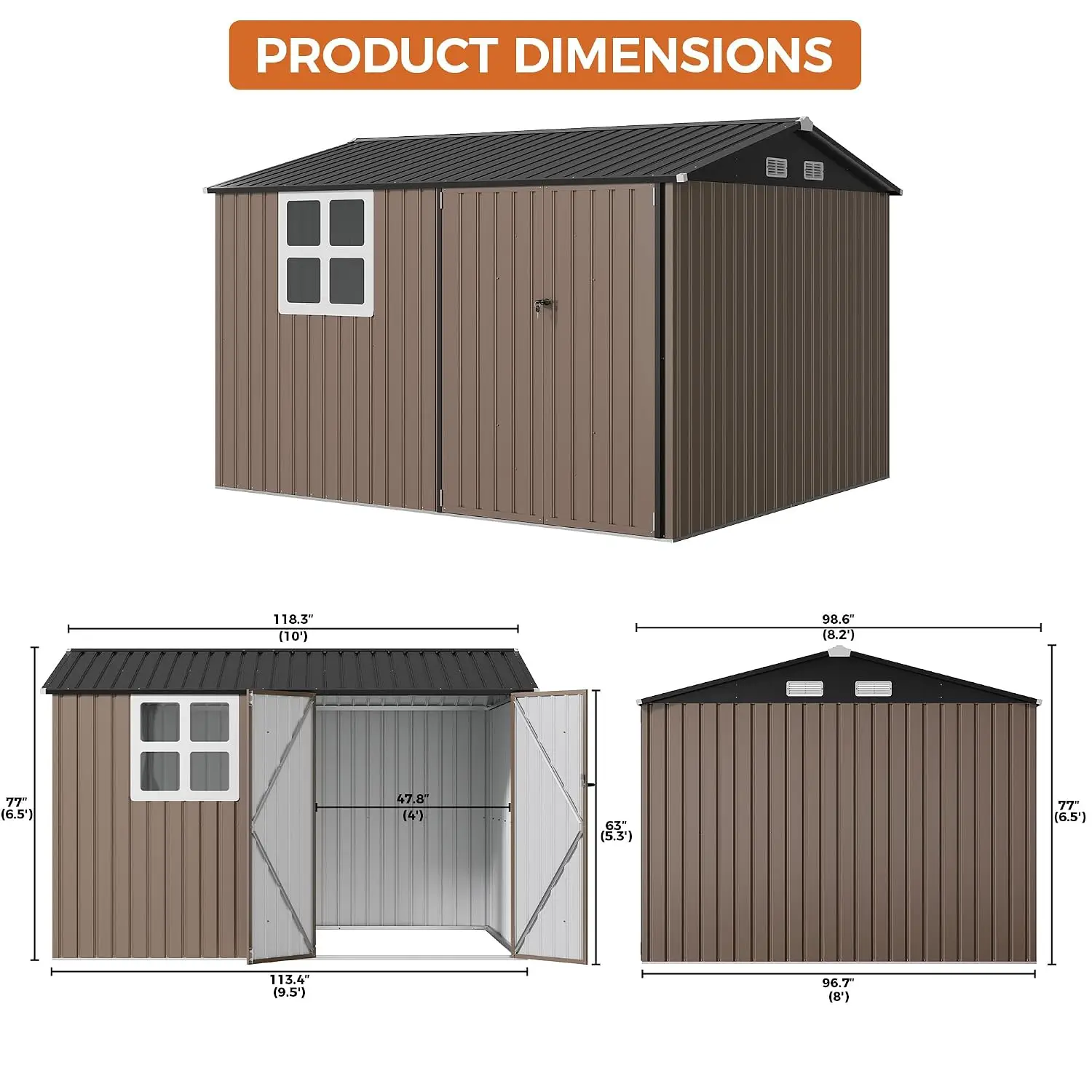 10x8.2FT Outdoor Storage Shed with Clear Window, Tool Shed, Brown, Customized