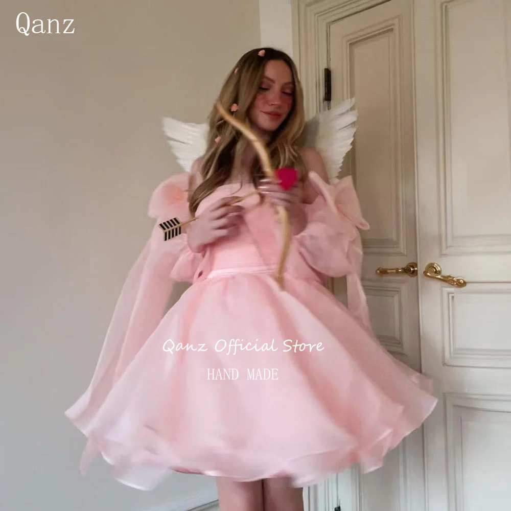 

Qanz Princess Organza Prom Dresses Long Sleeves Pink A Line Vestidos De Graduación with Bow Birthday Party Gowns Customized