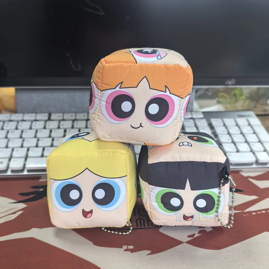 Powerpuff Girls 7cm Cube Plush Keychain Official Blossom Bubbles Buttercup Dice Shape Soft Toy Cute Cartoon Hanging Ornament