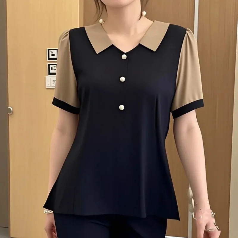 

Women's Contrast Panel Collar Short Sleeve Blouse Summer Elegant Chiffon Loose Top