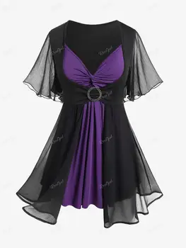 ROSEGAL artı boyutu büküm Colorblock kadınlar için sahte iki adet Tees Tops yarasa kollu boy t-shirt, 2 in 1 bluz 4XL