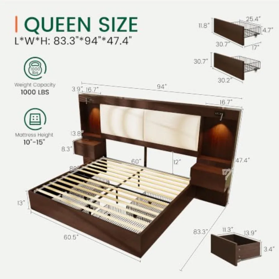 Queen Bed Frame with Headboard Nightstands, Charging Station for Bedroom Use, Solid Wood, Walnut Finish, Built-in USB Ports and