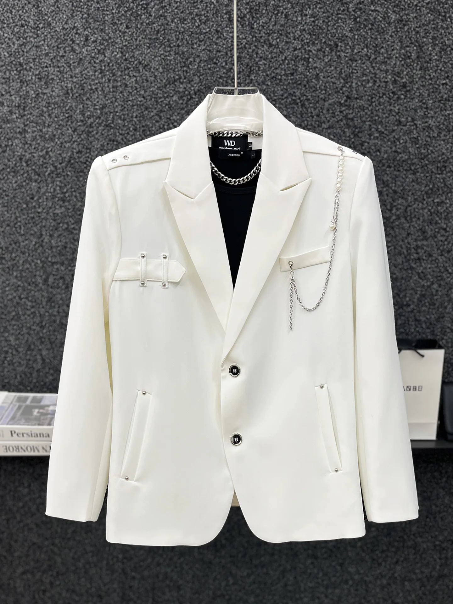 2025 الربيع والخريف الراقية تصميم السماء المرصعة بالنجوم الأسود السترة الرجال تنوعا الكورية نمط العصرية سلسلة سترة بيضاء #6