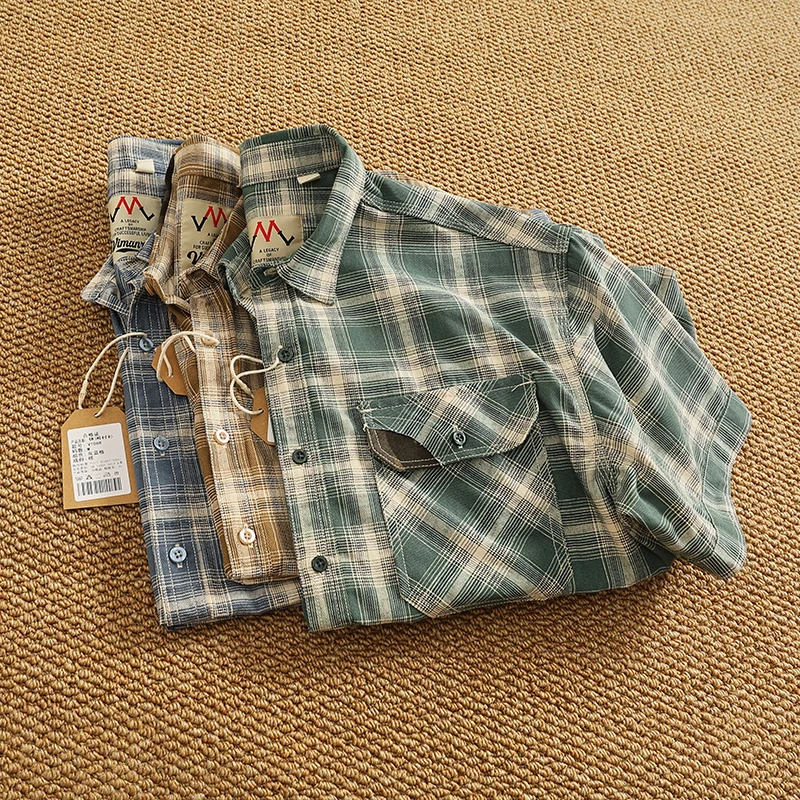 2025 Summer New American Retro Short Sleeve Lapel Plaid Cargo Shirt Men's Simple 100% Cotton Washed Single Pocket Casual Blouses