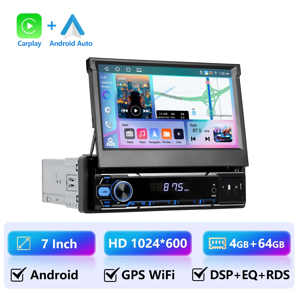 4 + 64G 1 Din Autoradio 7 Inch Flip Out HD Touchscreen Multimedia Speler Ondersteuning Carplay Android Auto GPS Stereo WIFI Mirrorlink