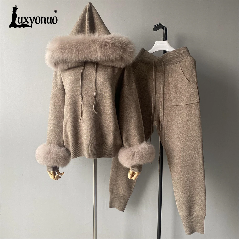 Luxyonuo Women\'s Sweater Set with Real Fox Fur Ladies Autumn Fashion Knit Hooded Tops and Pants Solid Color Pullover Female 2024