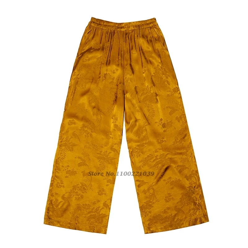 2025 pantaloni popolari vintage cinesi pantaloni jacquard in raso retrò pantaloni larghi etnici tradizionali pantaloni larghi in vita elastica