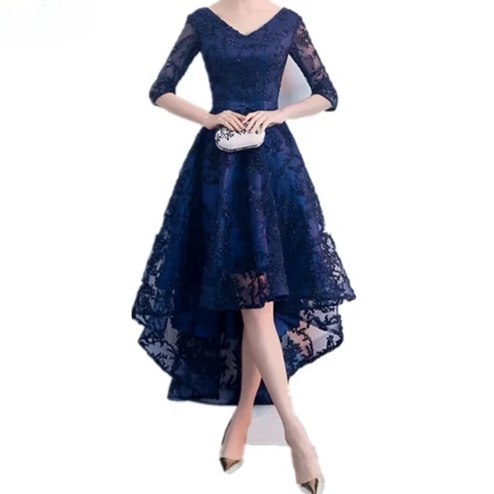 

Элегантные платья для выпускного вечера Кружевное платье с v-образным вырезом и открытой спиной и половиной рукавов Темно-синее платье Изысканные платья высокого качества для выпускного вечера Женские платья по индивидуальному заказу
