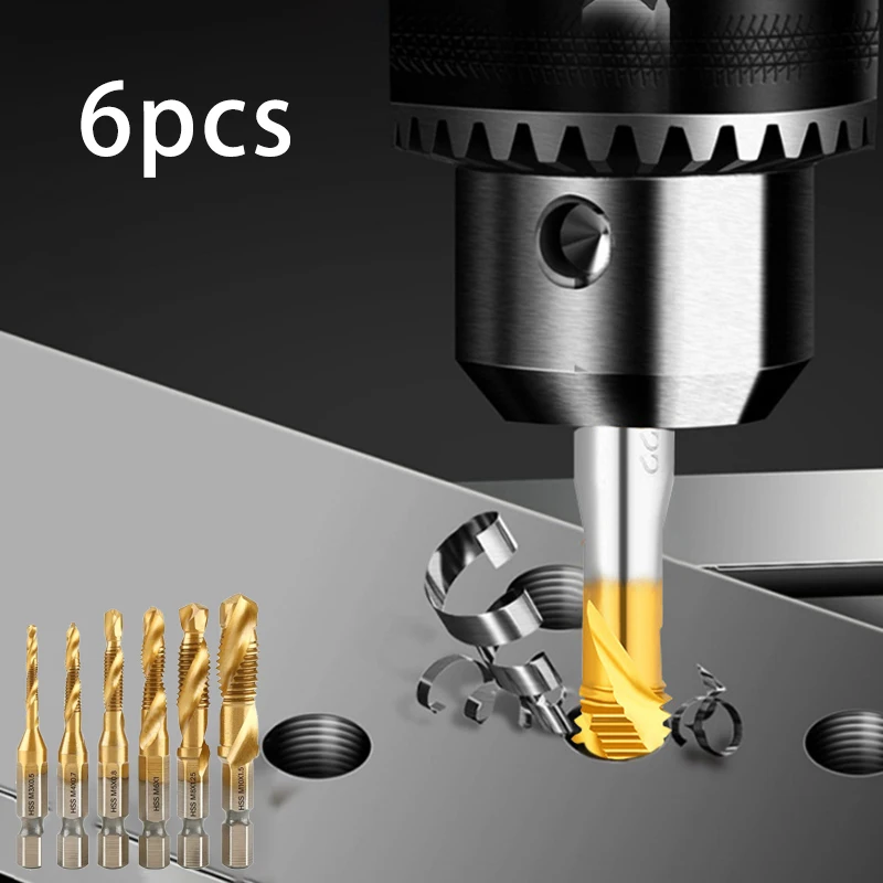 6pcs Tap Drill Bit Set For Metal Diameter 3 -10mm Thread Repair Kit High Speed Steel Perforated Spiral Metric Composite Tap