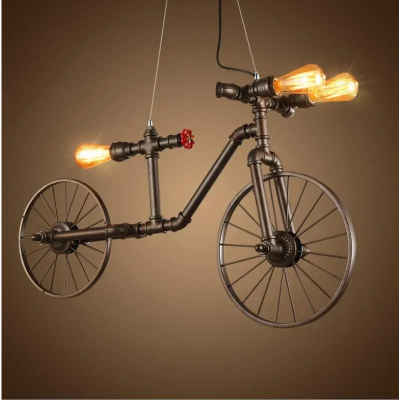 

Retro Industrial Pendant Steampunk Lamp Antique Bicycle Loft Hanging Lamp Vintage Water Pipe Wrought Iron Ceiling Lights