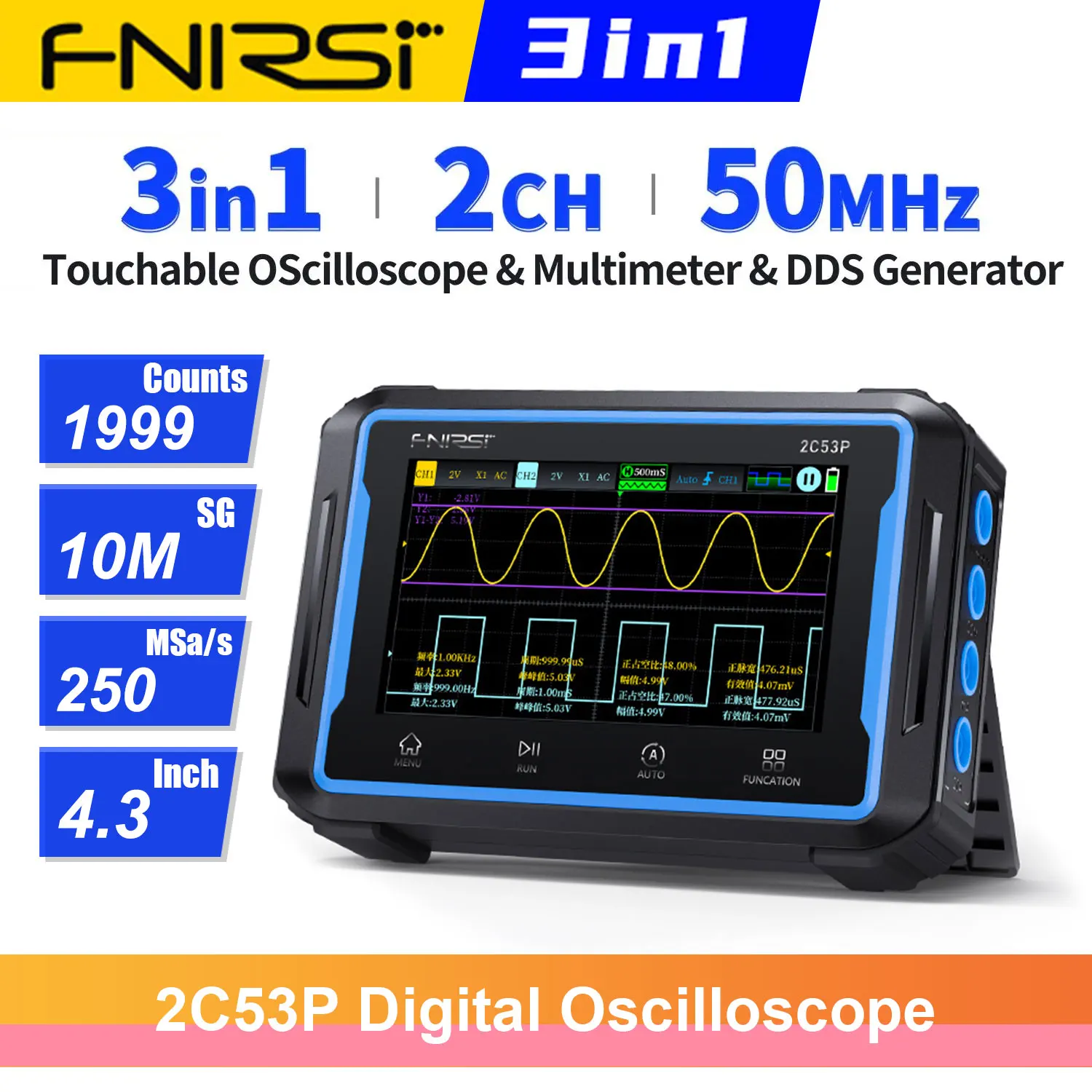 

FNIRSI 2C53P Digital Oscilloscope Multimeter Function Signal Generator 3 in 1 Touch Screen Portable 2 Channel 50MHz 250 MSa/s