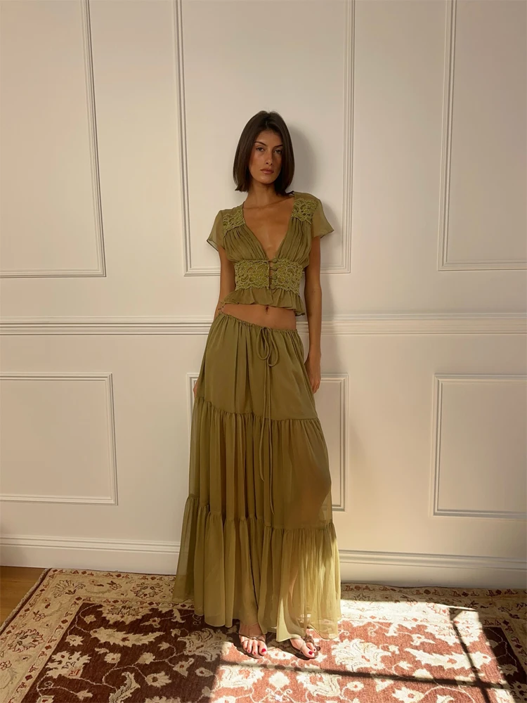 

Women Tiered Maxi Skirt 2-piece Set Short Sleeve Lace Trim Deep V See Through Top Skirts Suit 2026 Lady Vacation Beach Party