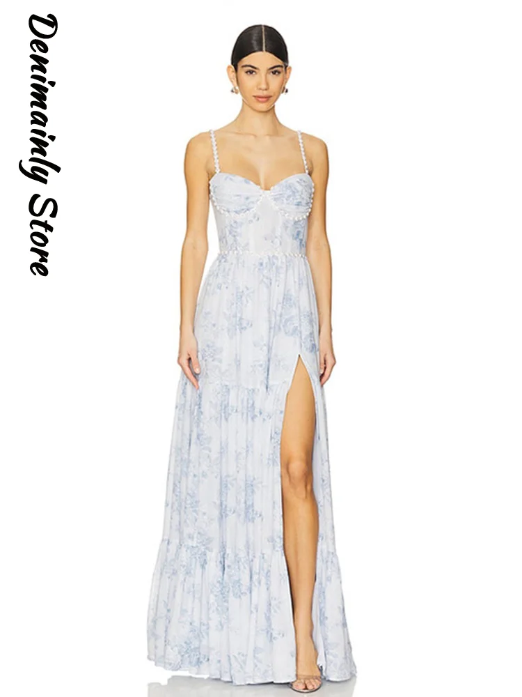 

Sexy Print Pearl Diamonds Sling Long Dress Women Sleeveless Backless Split A-line Ruffles Dresses 2025 Summer Lady Party Gowns