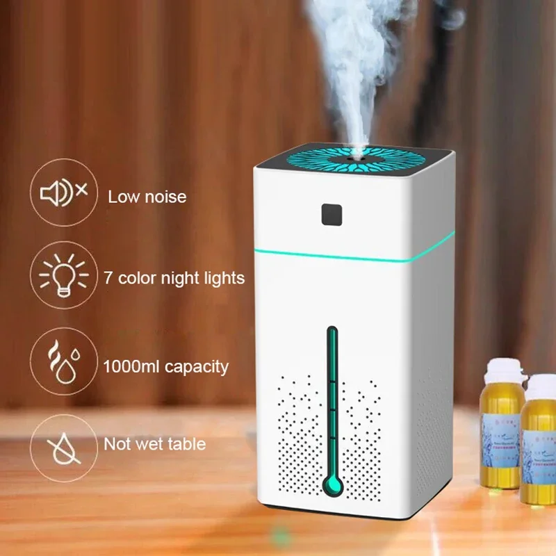 1000ML Air Humidifier Ultrasonic Aromatherapy Diffusers Large Capacity Quiet LED Light Night USB Cool Mist Make for Home Office