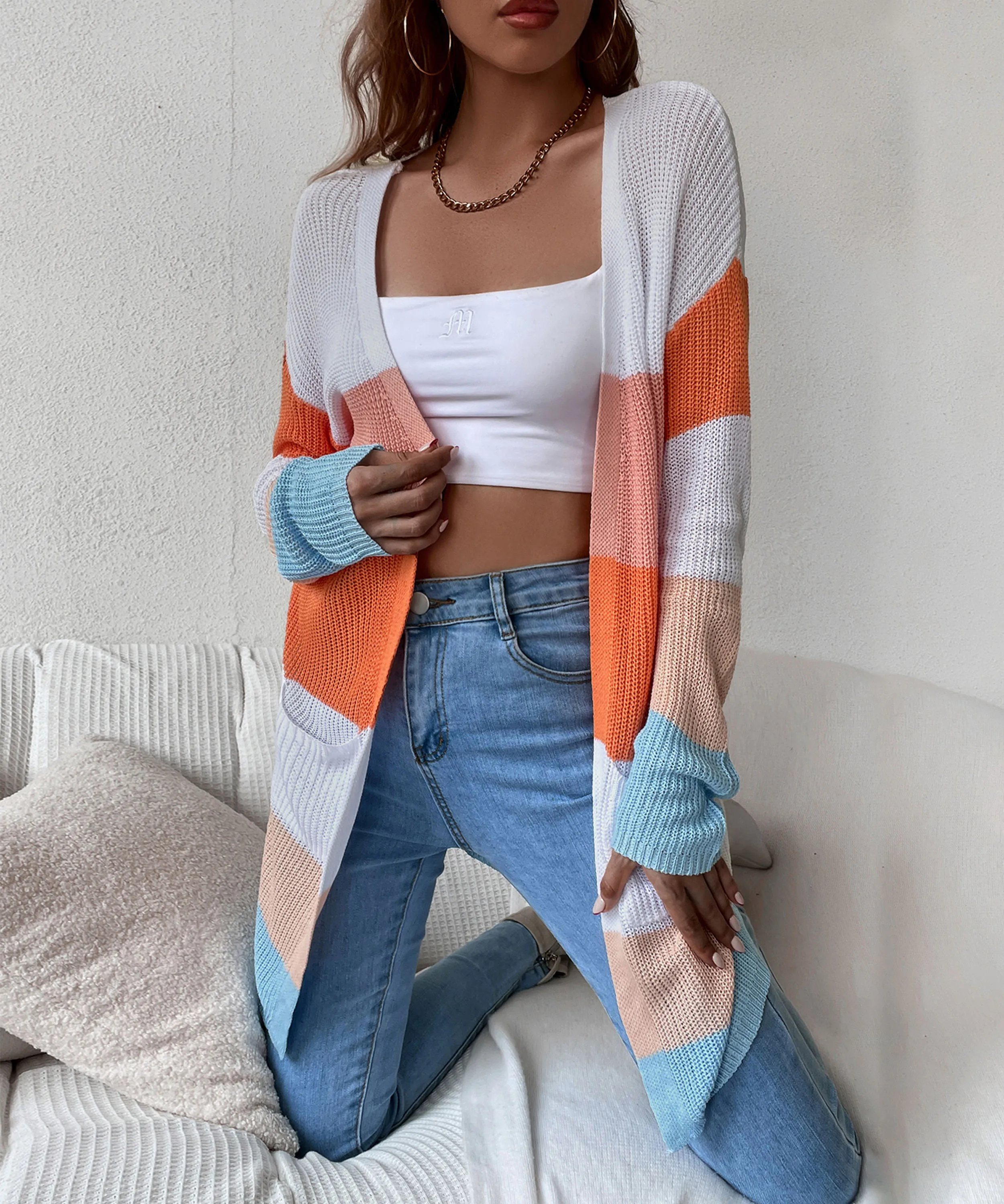 

Women’s Open Front Cardigan Color Block Long Sleeve Lightweight Fall Long Knit Cardigan Sweater Outwear