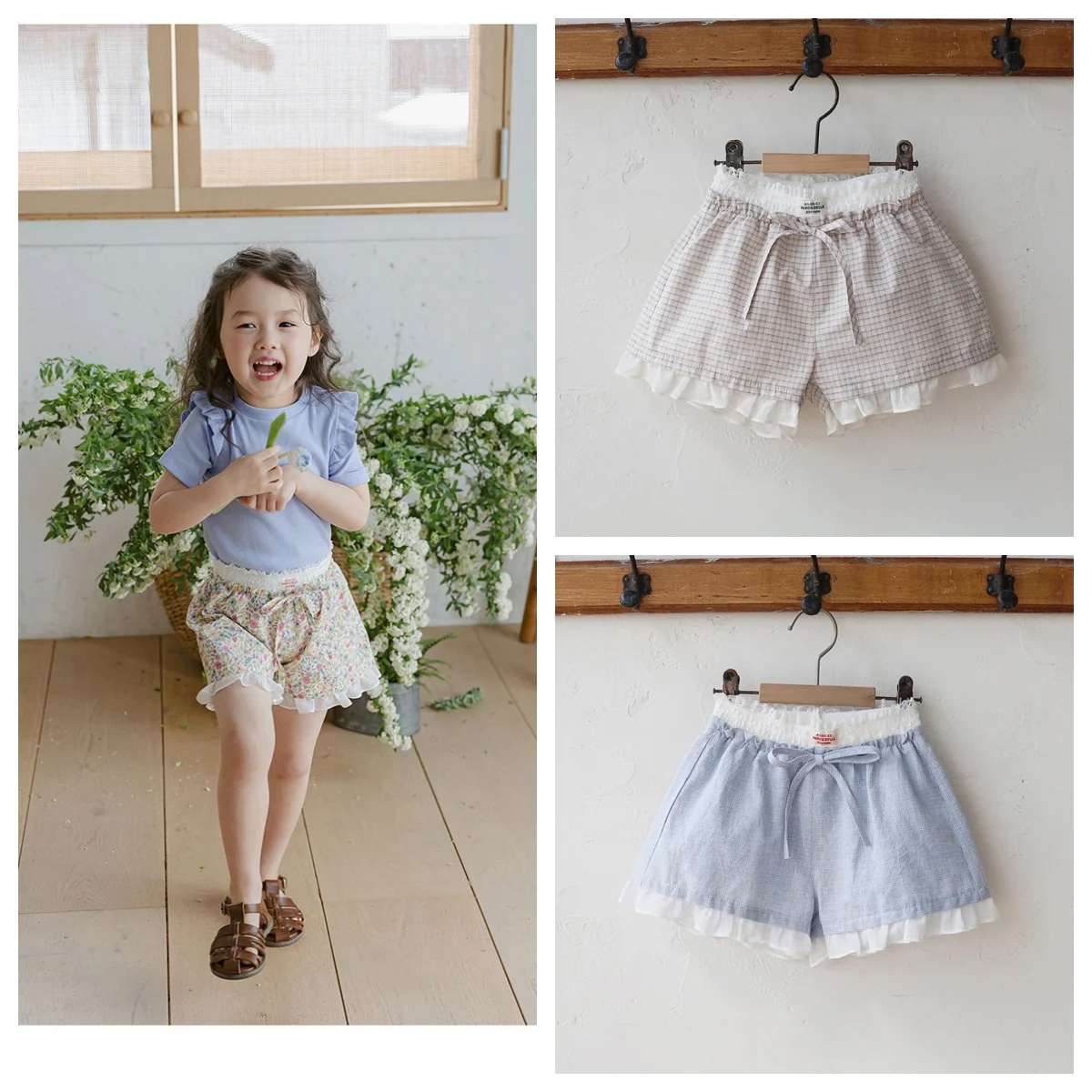 

Summer Children's Clothes And Baby Girls' Thin Cotton Lace-Trimmed Floral Checkered A-line Casual Toddler Shorts Pant