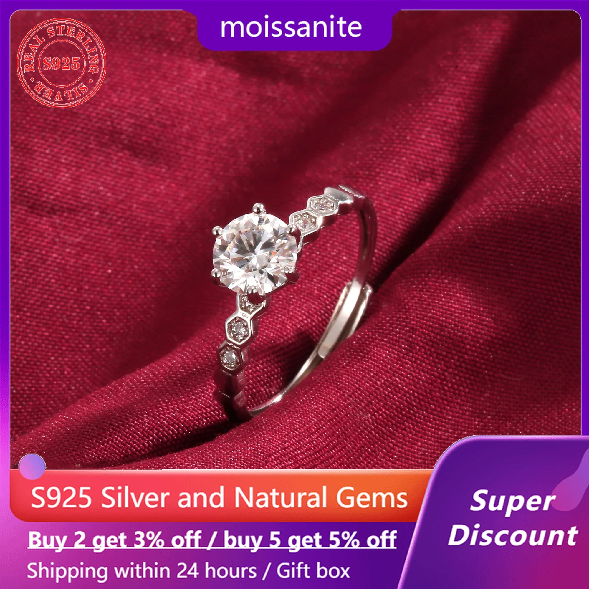 

S925 Silver 1 Carat D Color Moissanite Diamond Women's Ring with Certificate Sparkling Bridal Wedding Jewelry Adjustable Size