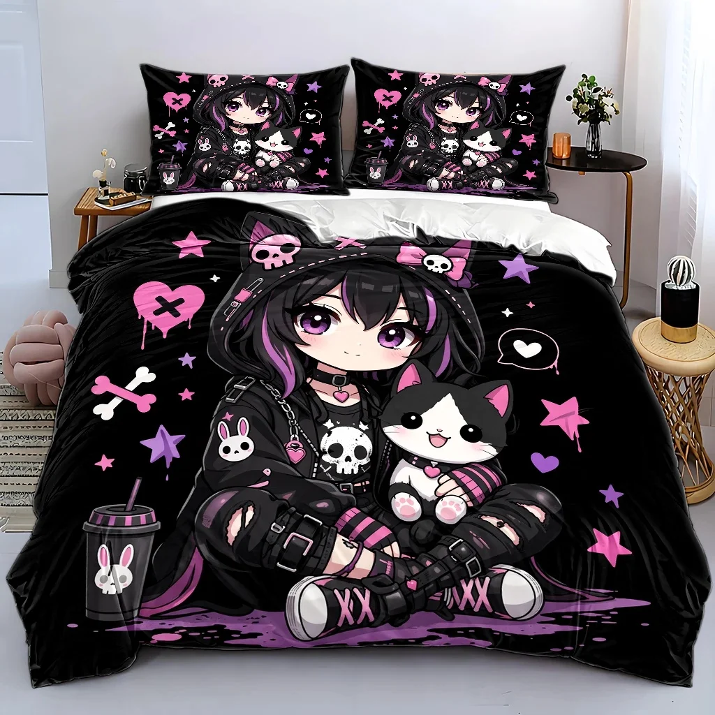 3Pc Dark Sweet Cool Style Anime Girl Duvet Cover Set, Bedding Three-Piece Set (1*Duvet Cover + 2*Pillowcases), Gothic Style Cartoon Print Bedding, Suitable for All Seasons, Machine Washable, Invisible Zipper Design, Large Double Bed Cover Set, Suitable for Home, Dorm, Master Bedroom, Guest Room, Trendy Cool Distressed Elements Bedding, Cute Skull Cat and Rabbit Patterns, Ins-Style Internet Celebrity Bedroom Bedding Set