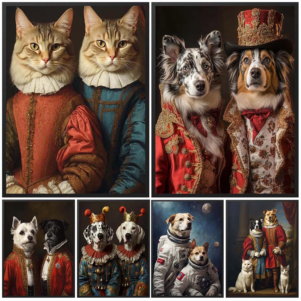 Custom 2 Animals Dogs Cats Couple Photo Posters Wall Pictures For Living Room Poster Wall Art Canvas Painting Unframed