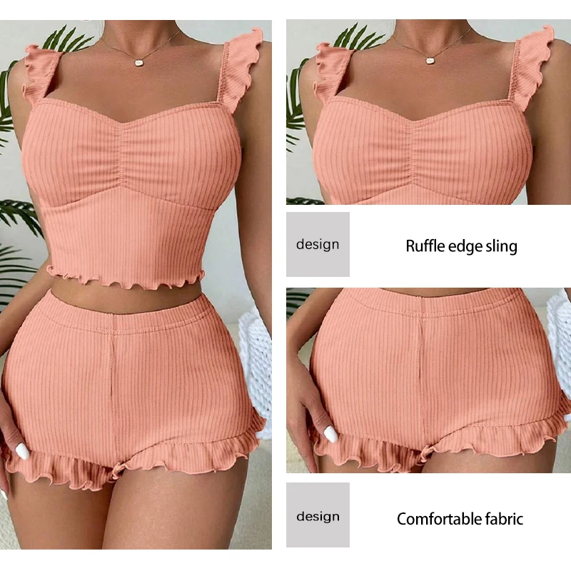 New Two-Piece Summer Knit Short Fitting Sexy Pink Navel Exposed Sleeveless Top and Shorts for Home Casual Pajama Set